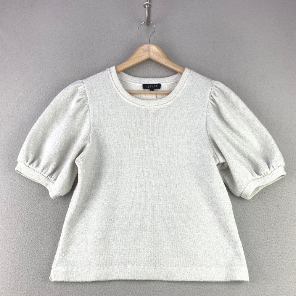 1.STATE Puff Sleeve Sweater Women S White Shimmer Lurex Knit Top Puff Shoulder